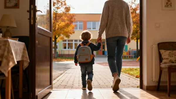 Dítě s batohem kráča do školky, rodič ho doprovází
